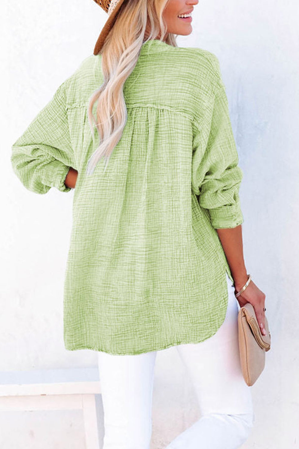 Textured cotton blouse with half-button placket and long sleeves