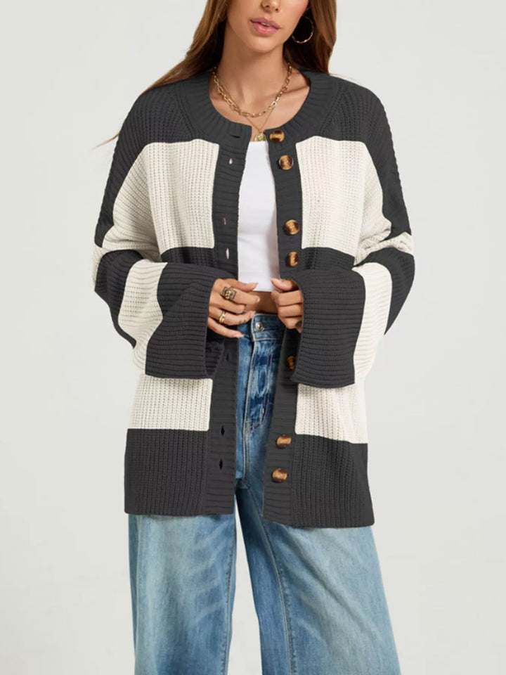 Color block ribbed knit button-up cardigan