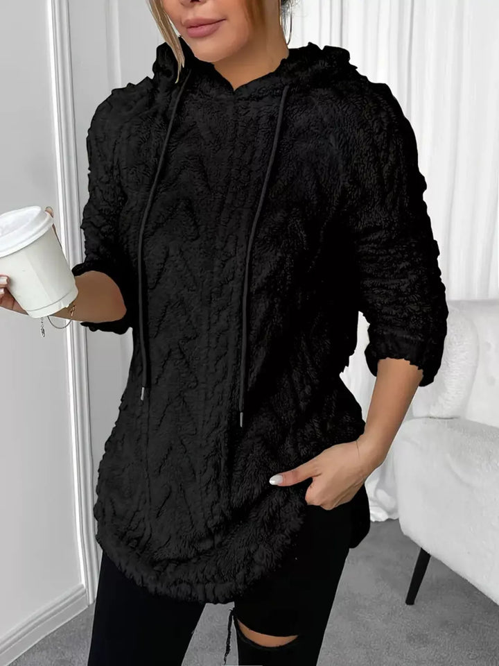 Textured cable-knit fleece pullover hoodie with drawstring