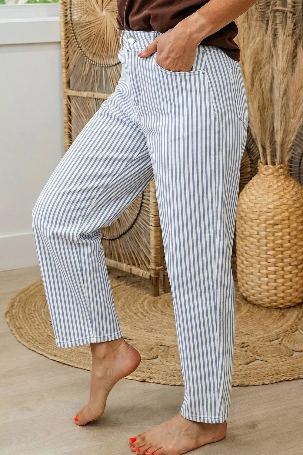 Striped high-rise barrel leg cropped jeans