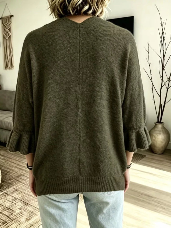 Ruffle bell sleeve open-front knit cardigan