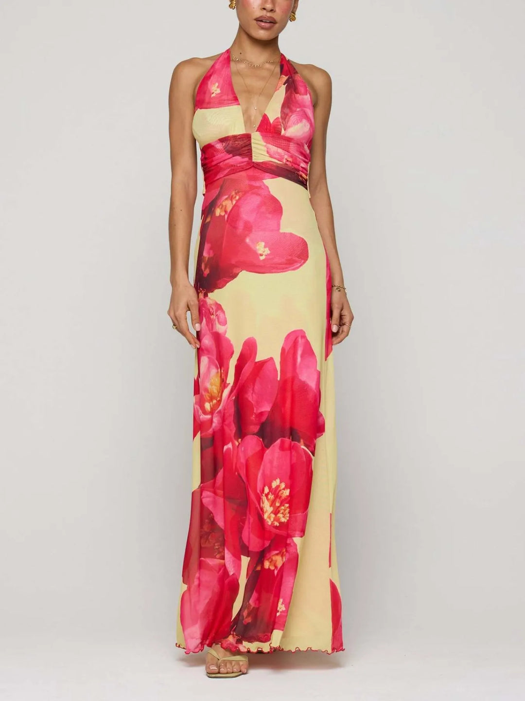 Red Backless floral halter deep V maxi dress with ruched waist