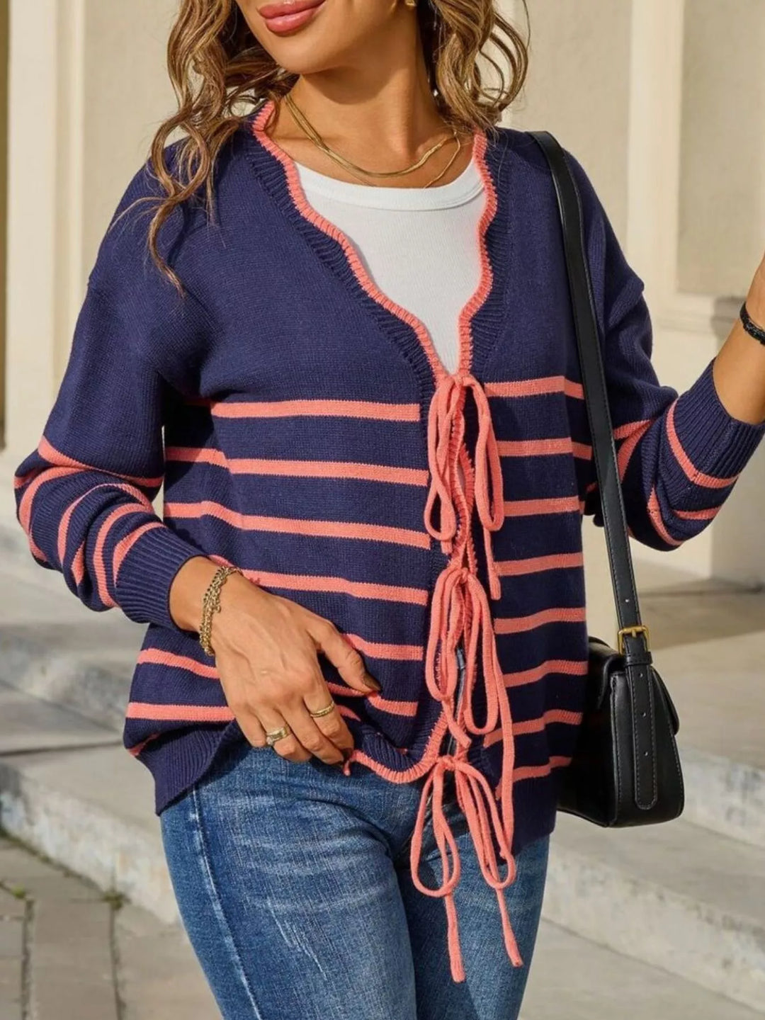 Striped tie-front knit cardigan with contrast trim