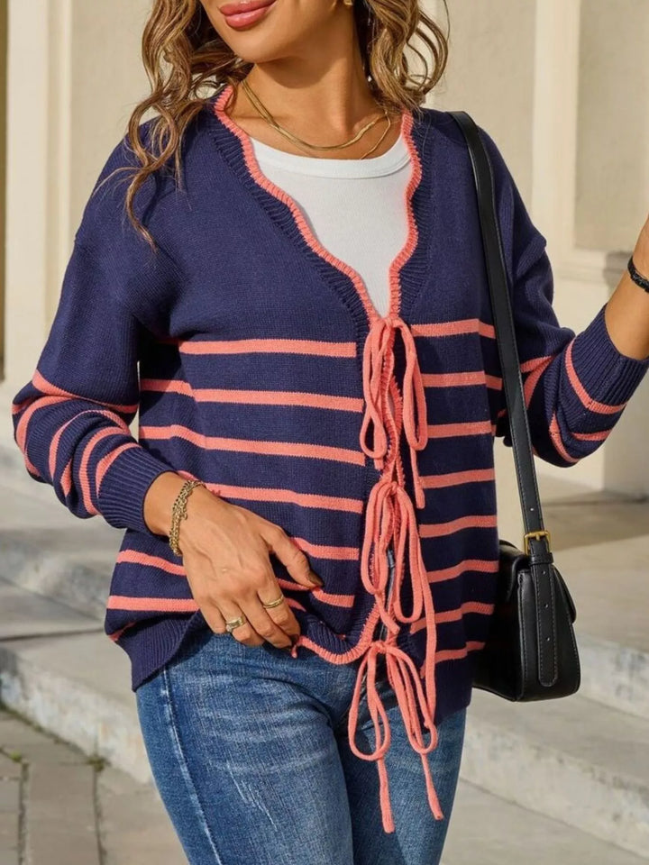 Striped tie-front knit cardigan with contrast trim