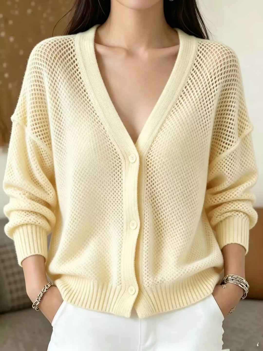 Open-knit V-neck button-front cardigan with ribbed trim