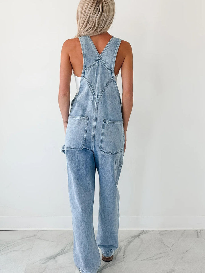Wide-strap relaxed fit denim overalls with utility pockets