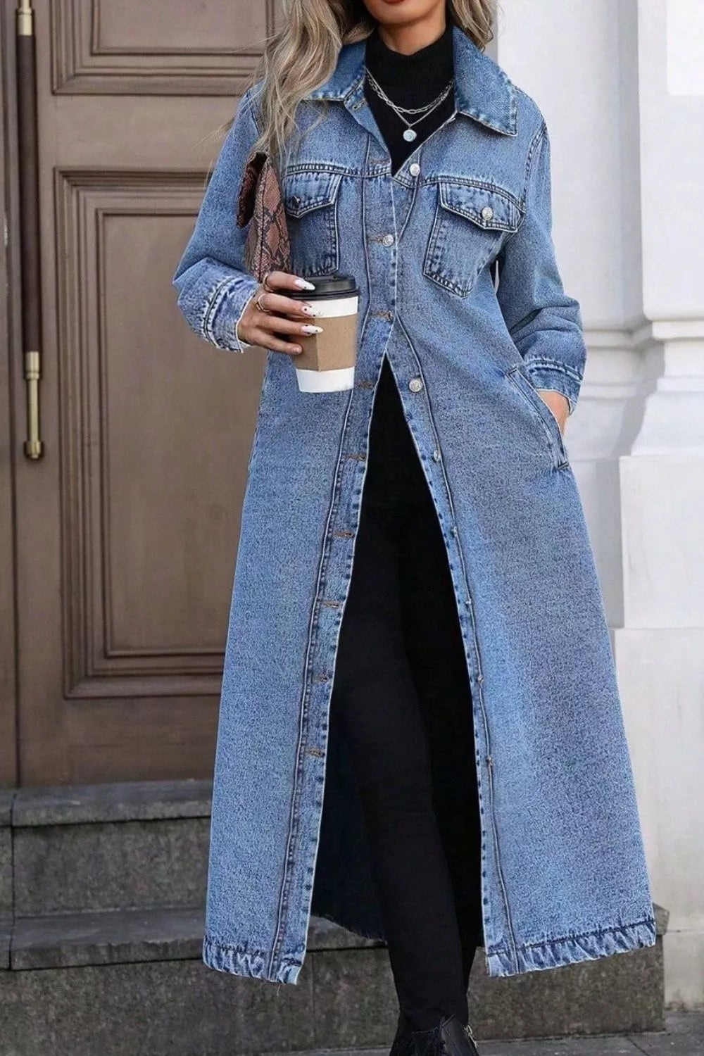 Longline button-down denim duster jacket with chest pockets