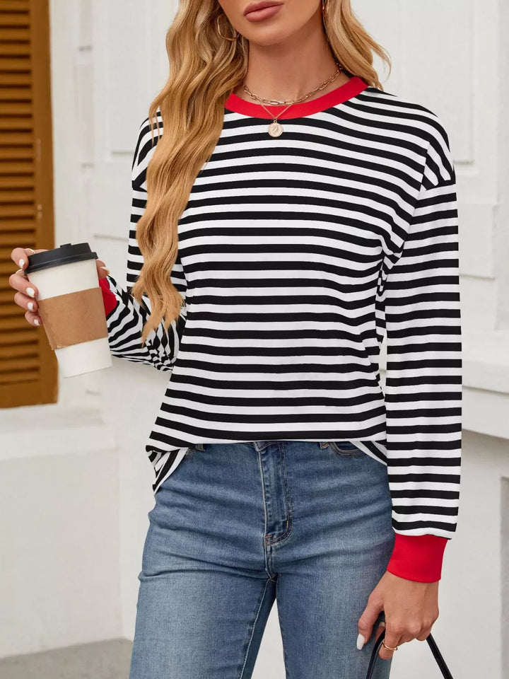 Contrast-trim striped long sleeve crew neck top