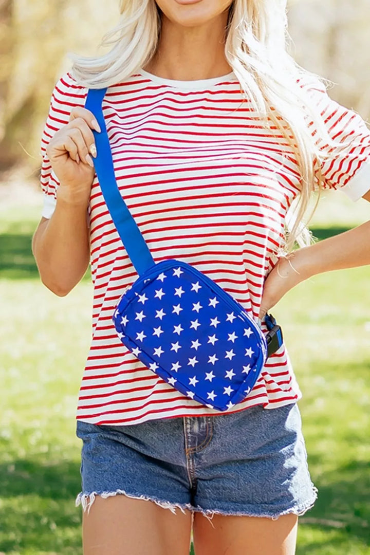 Striped contrast-trim crew neck puff sleeve tee