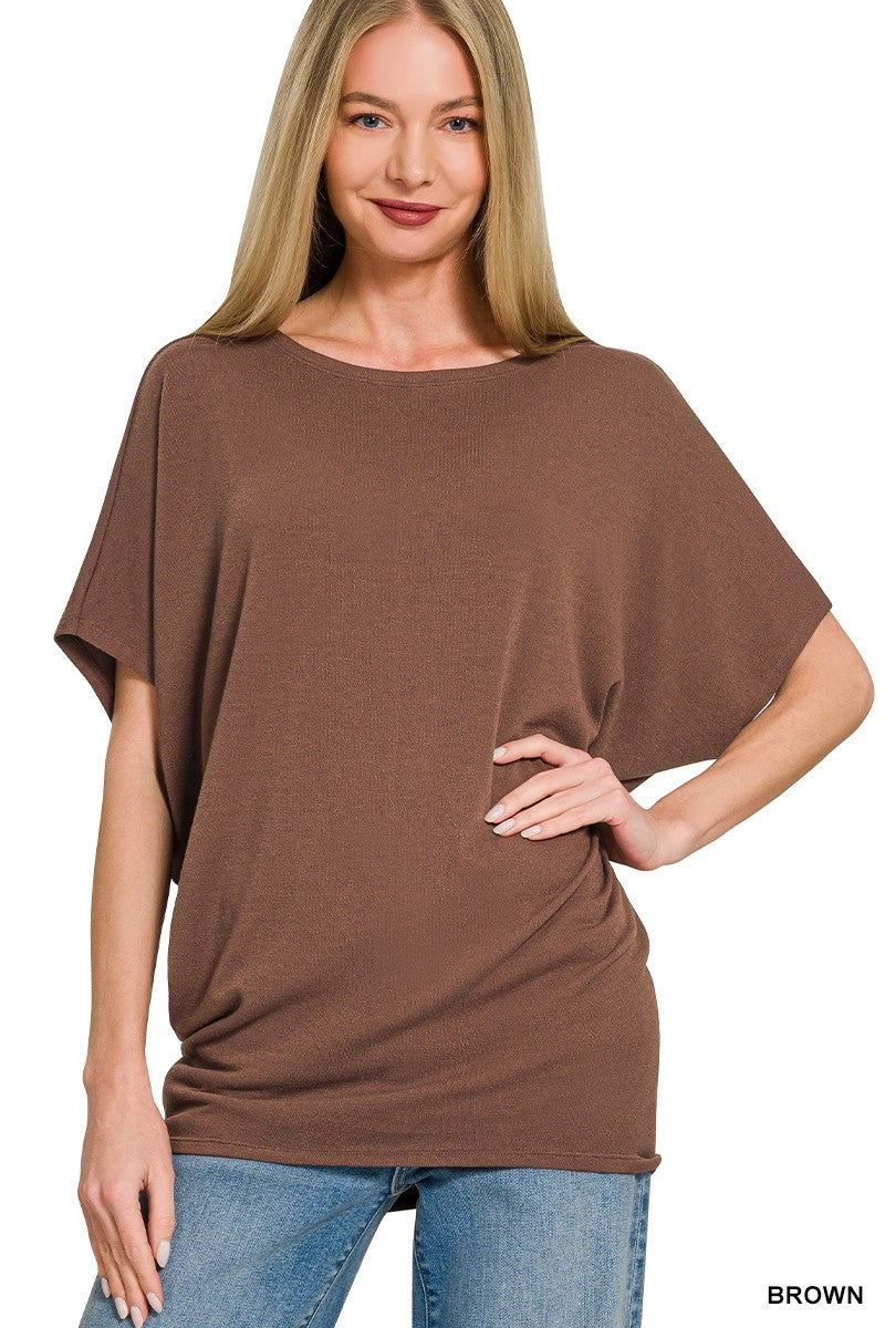 BROWN Relaxed dolman sleeve boat neck hacci knit top