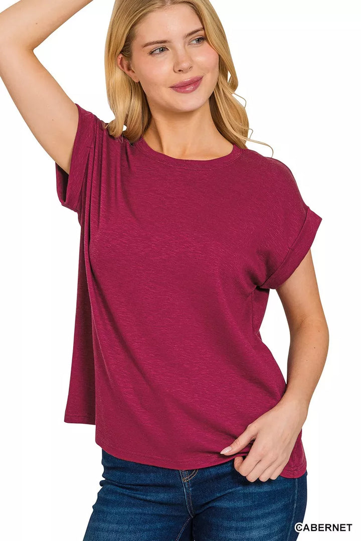 CABERNET Rolled sleeve cotton modal slub knit tee