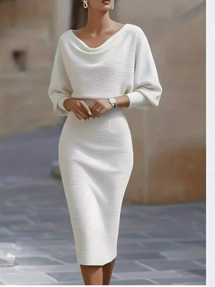 White Cowl neck batwing ribbed knit bodycon midi dress