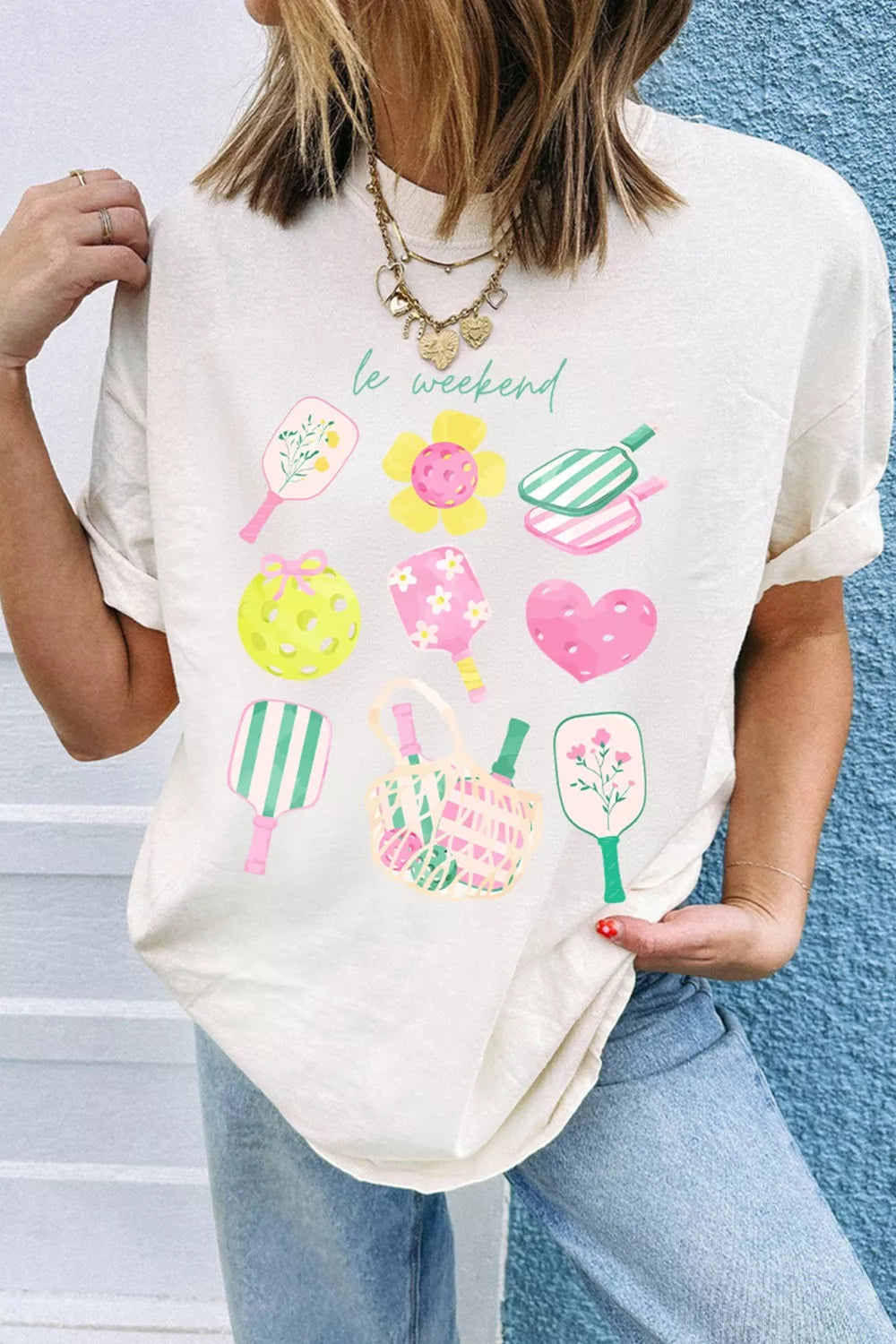 White Le Weekend pickleball graphic short sleeve crew neck tee