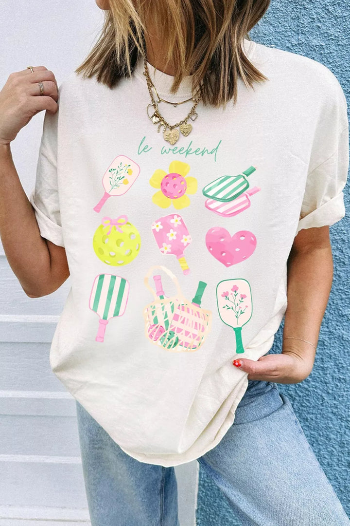 White Le Weekend pickleball graphic short sleeve crew neck tee
