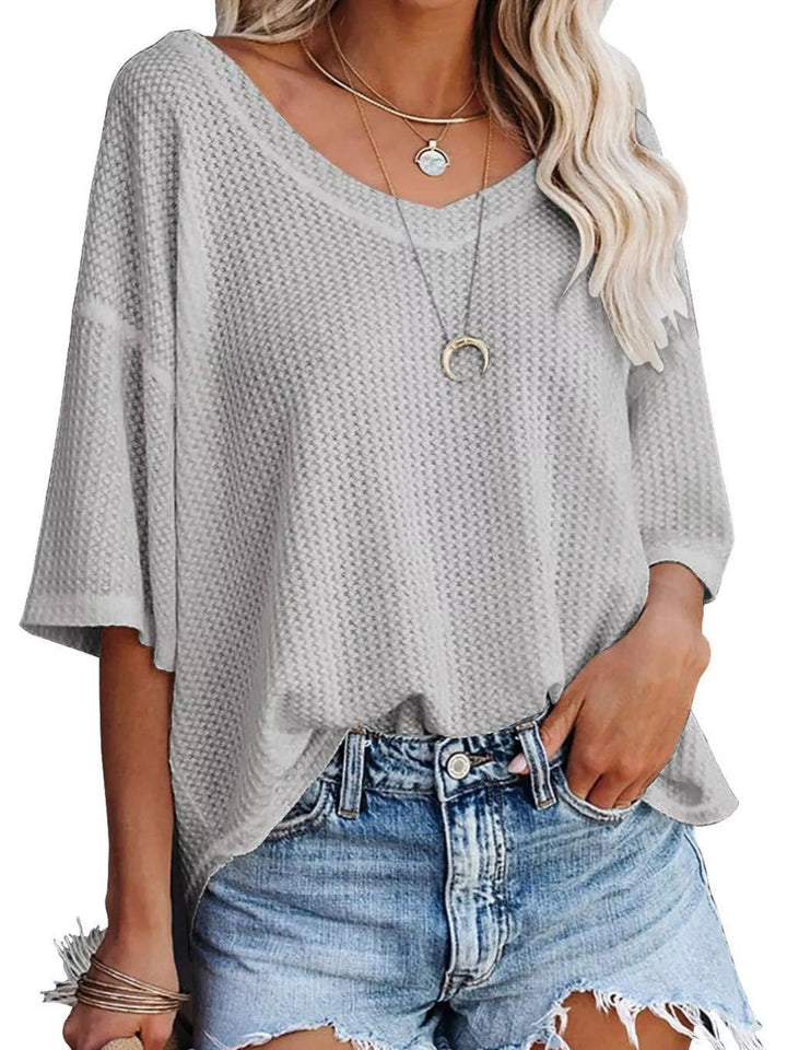 Grey Waffle knit v-neck drop shoulder short sleeve tee