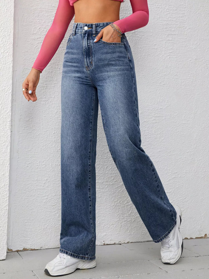 Deep Blue High-rise wide-leg washed jeans with whiskering