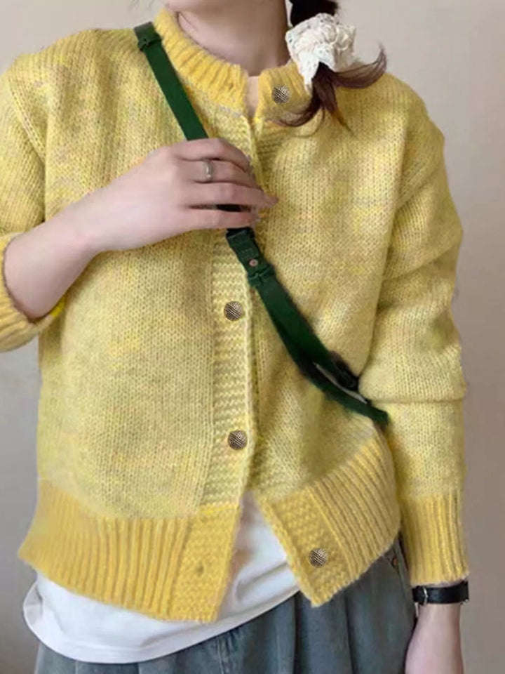 Yellow Color-block ribbed knit cardigan with gold buttons