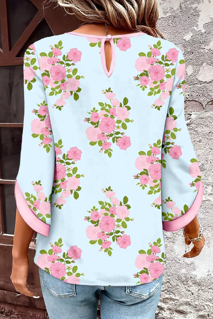 Floral print crew-neck blouse with button-tab 3/4 sleeves