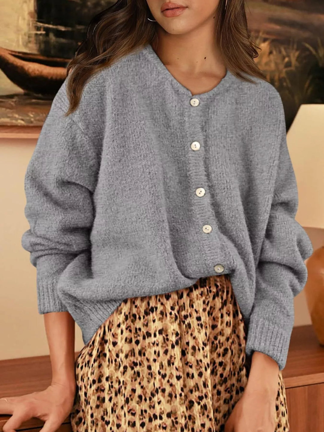 Button-front dropped shoulder knit cardigan
