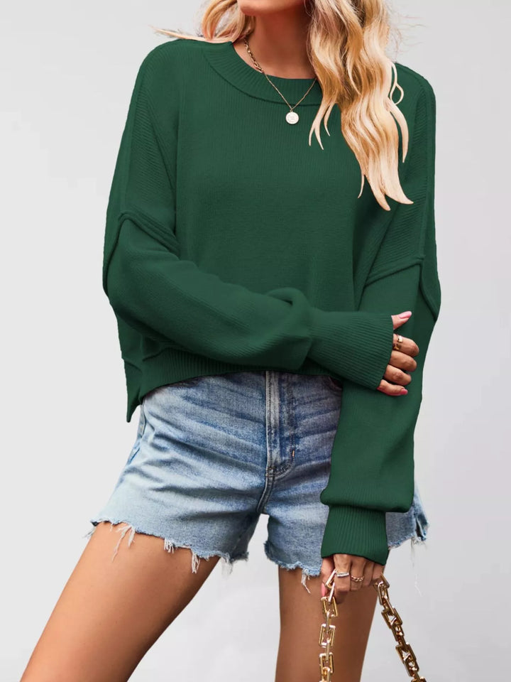 Green Dropped shoulder crew neck sweater with ribbed raw hem