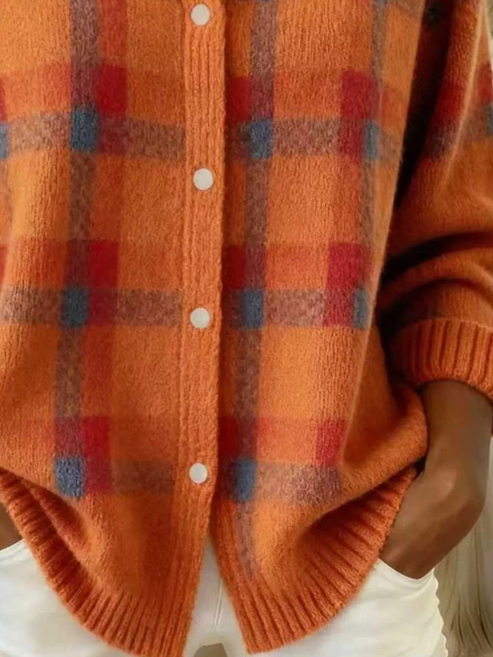 Plaid button-down knit cardigan with ribbed cuffs and hem