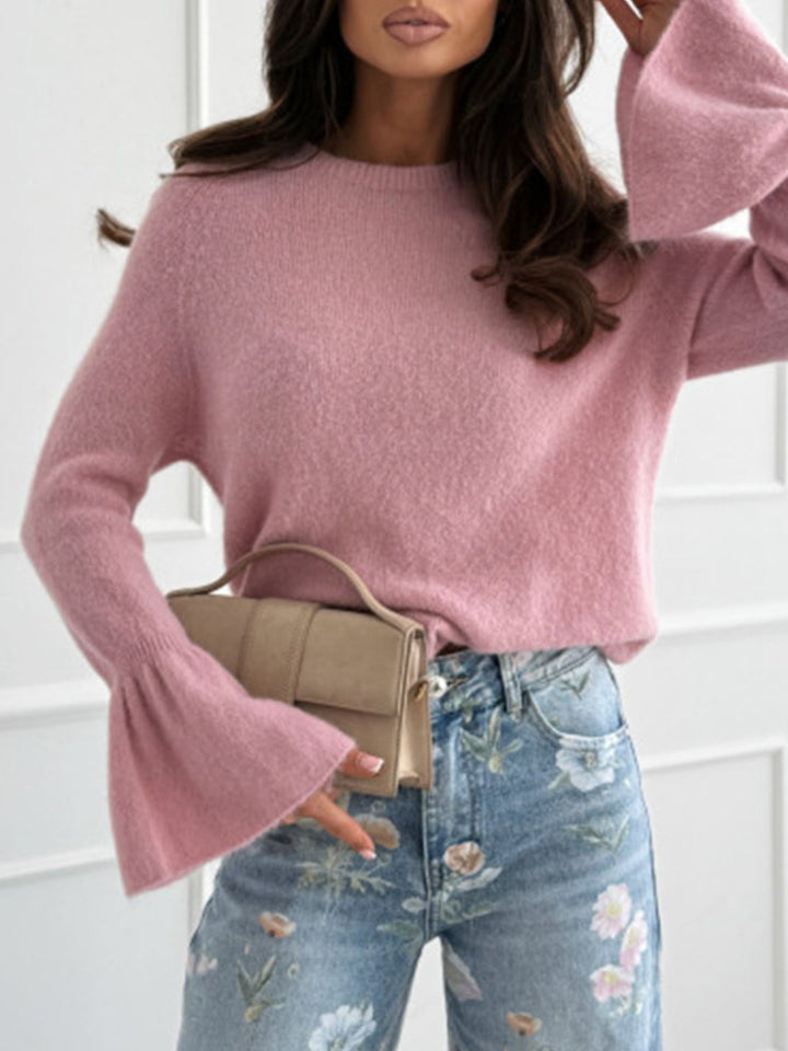 Round neck flounce sleeve ribbed knit sweater