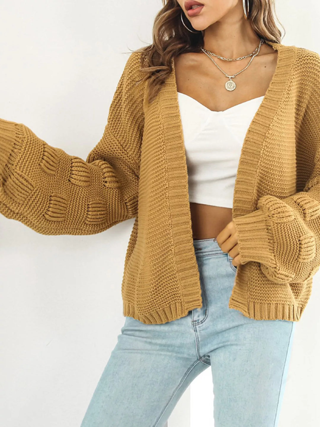 Chunky ribbed knit open-front cardigan with drop shoulders