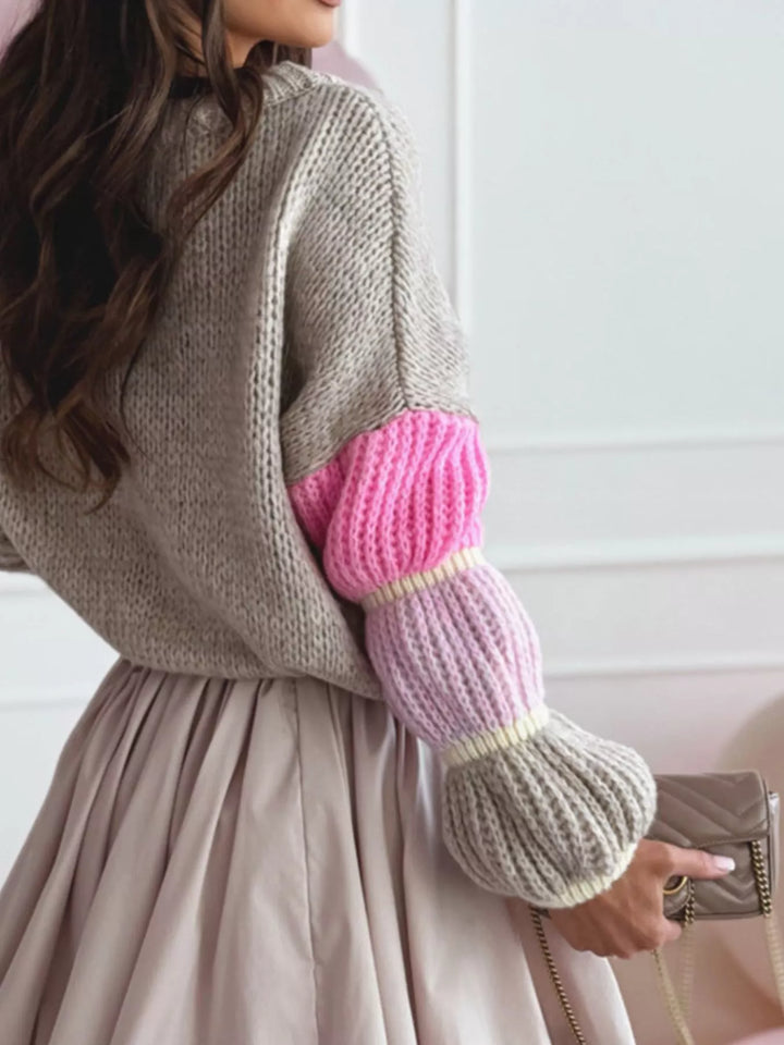 Color-block open-knit crew neck pullover sweater