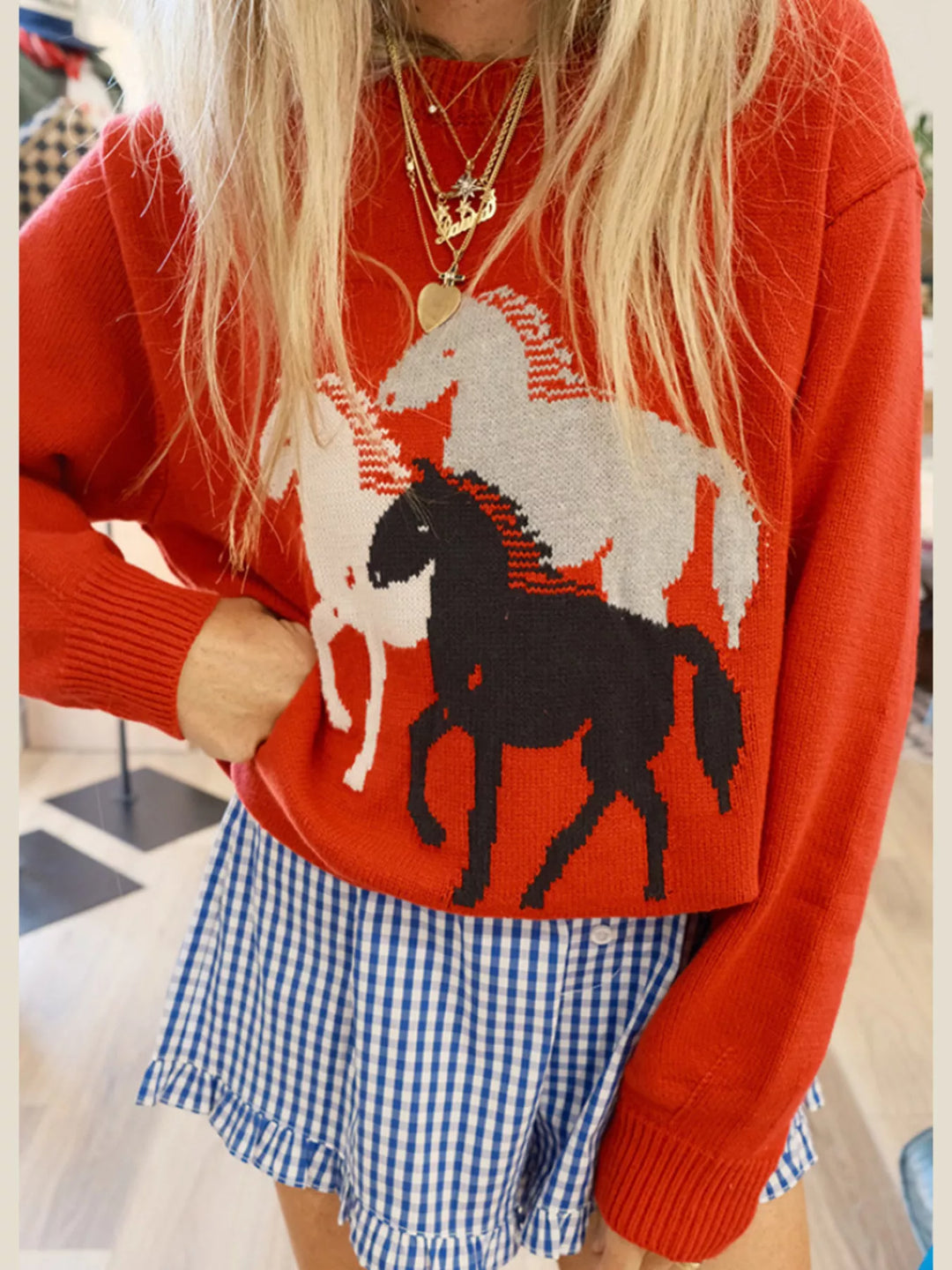 Horse graphic long sleeve crew neck knit sweater