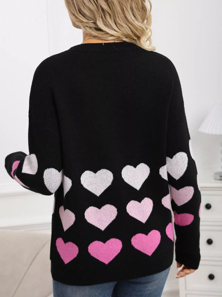 Heart pattern crew neck sweater with ribbed cuffs