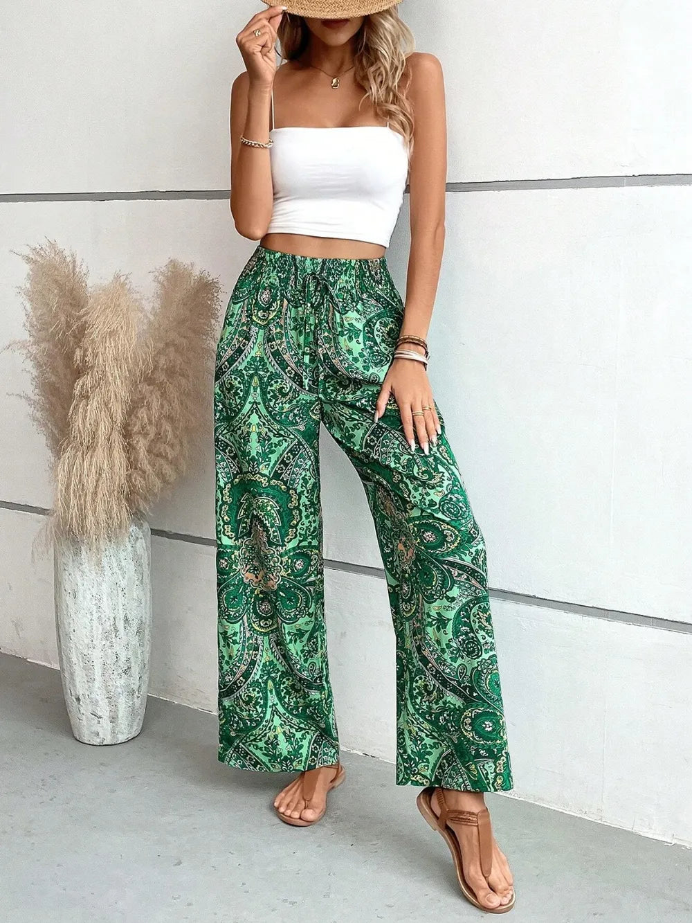Paisley print wide-leg pants with drawstring waist