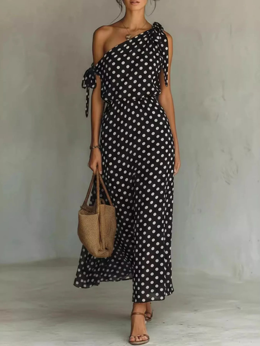 Black Polka dot one-shoulder maxi dress with shoulder tie