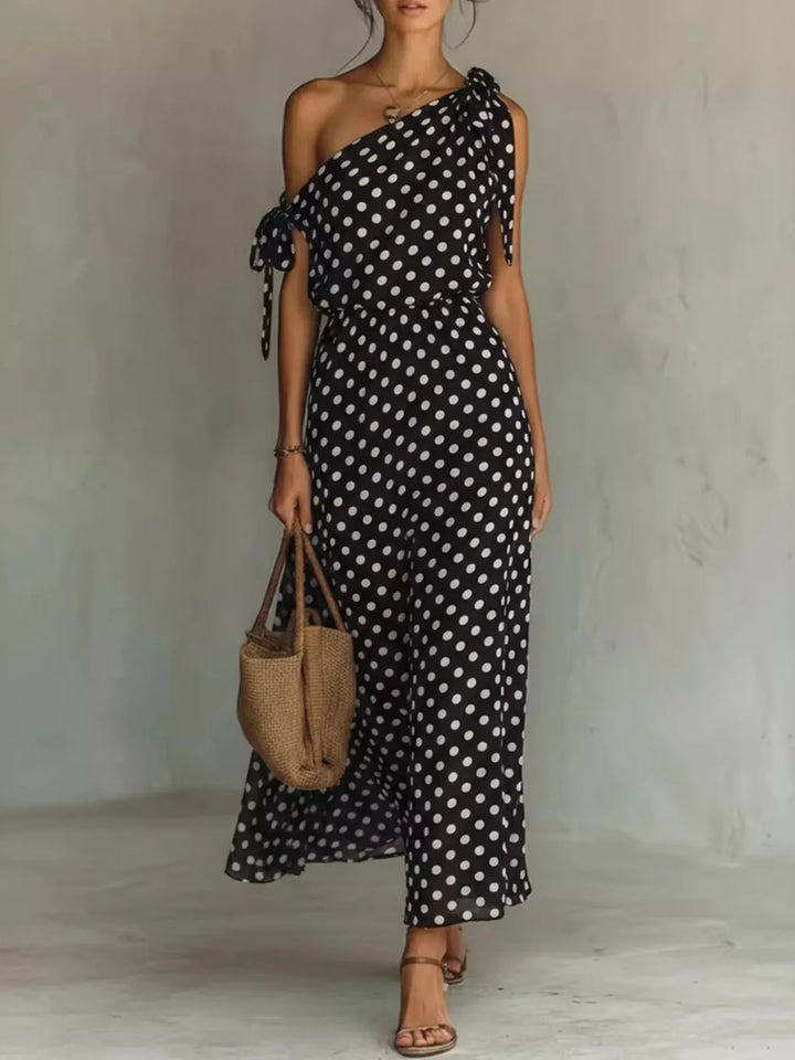 Black Polka dot one-shoulder maxi dress with shoulder tie