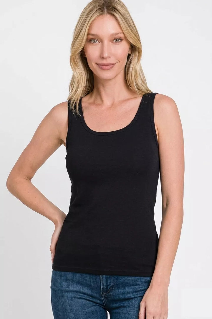 Solid scoop neck cotton-spandex tank top