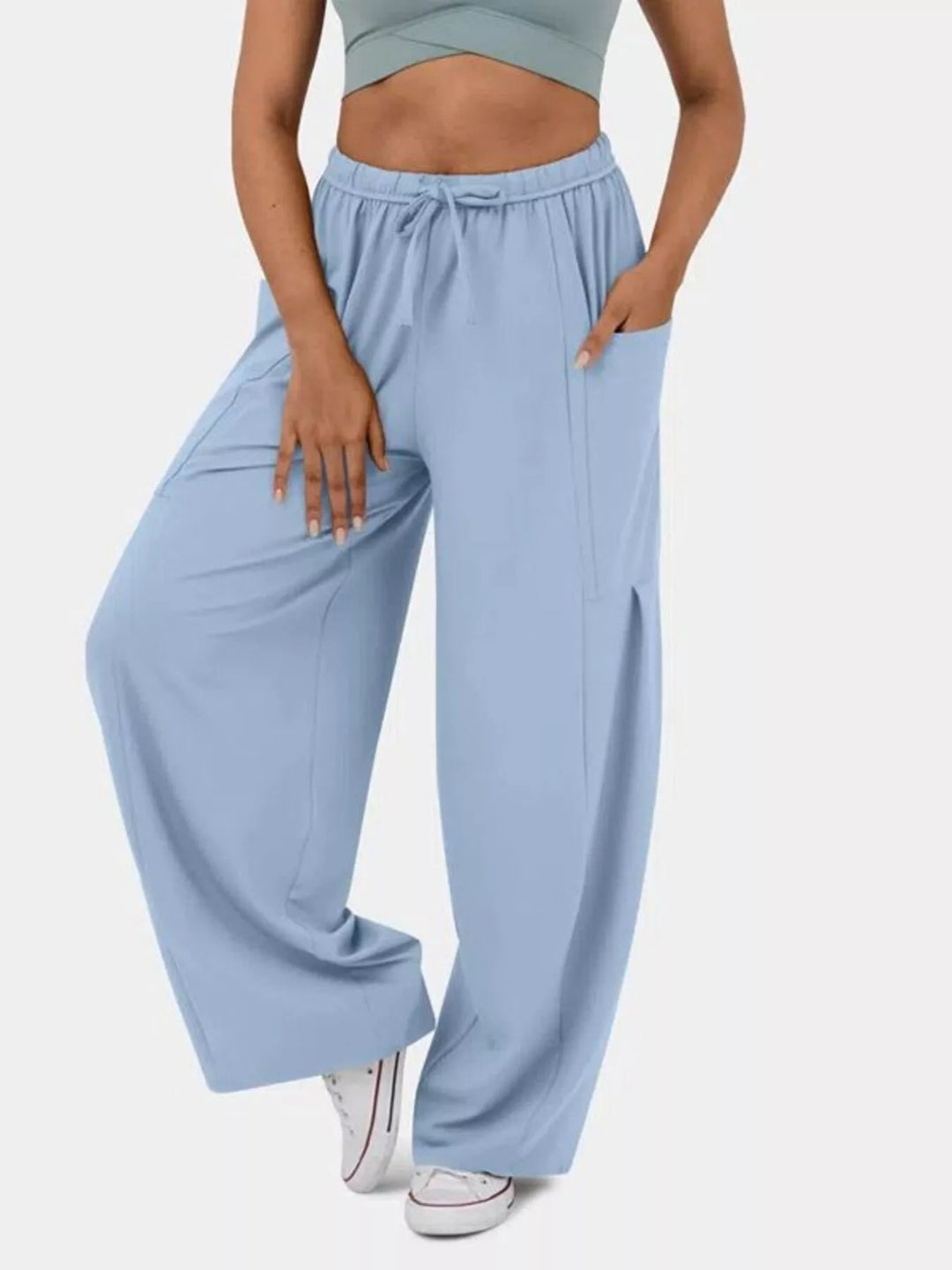 Light Blue High-rise drawstring wide-leg pants with patch pockets