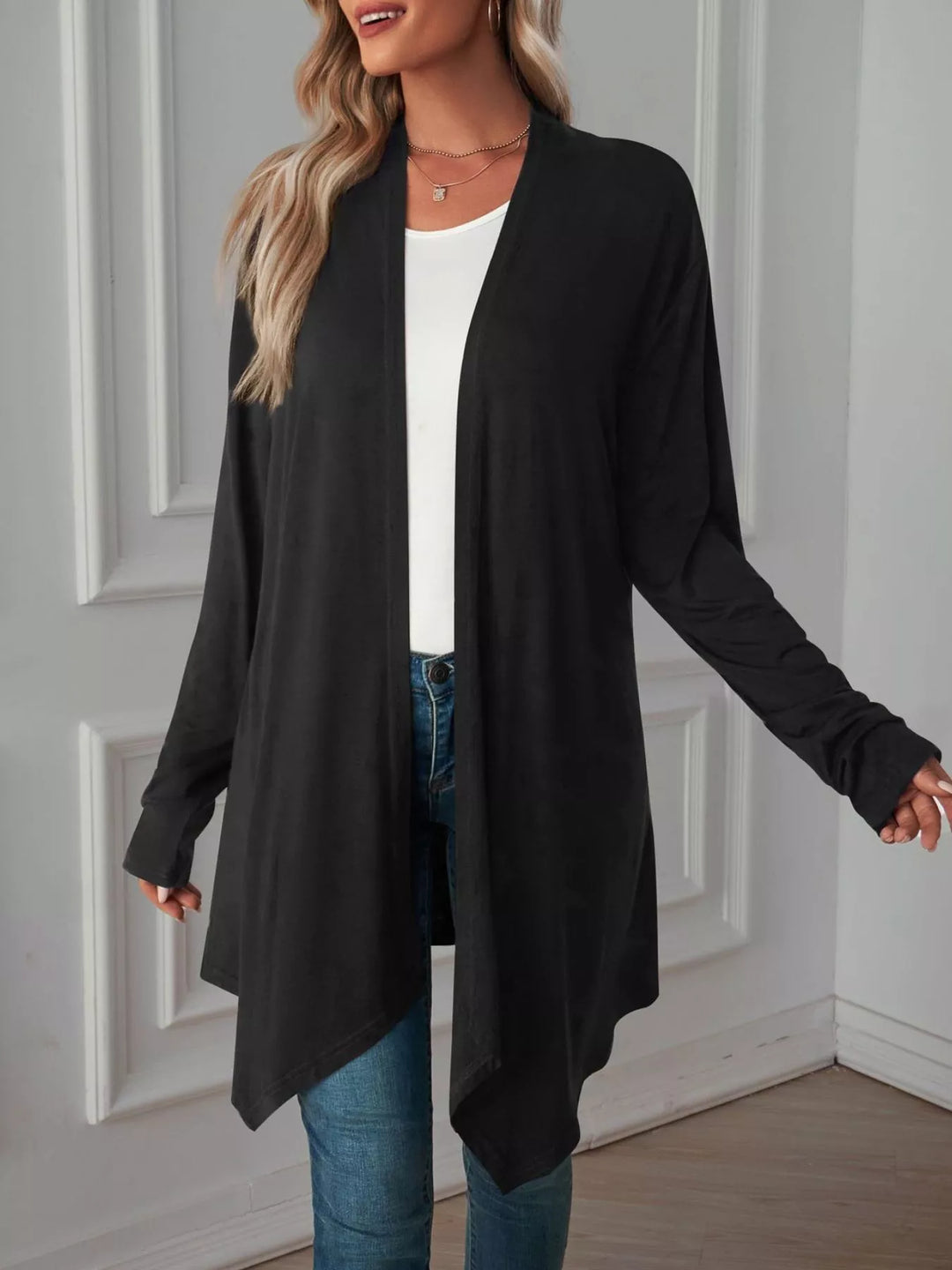 Lightweight open front cardigan with draped waterfall hem
