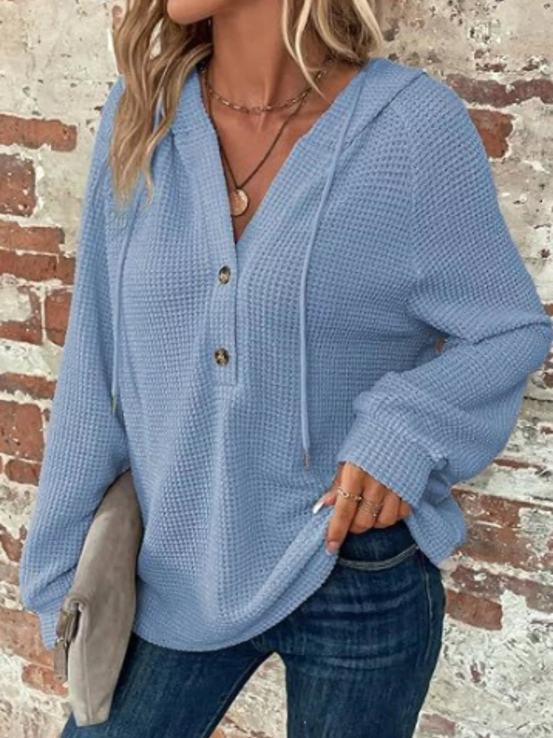 Sky Blue Button-detail waffle knit hoodie with drawstring hood