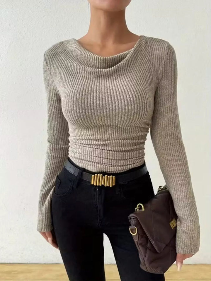 Ruched cowl neck ribbed knit long sleeve top