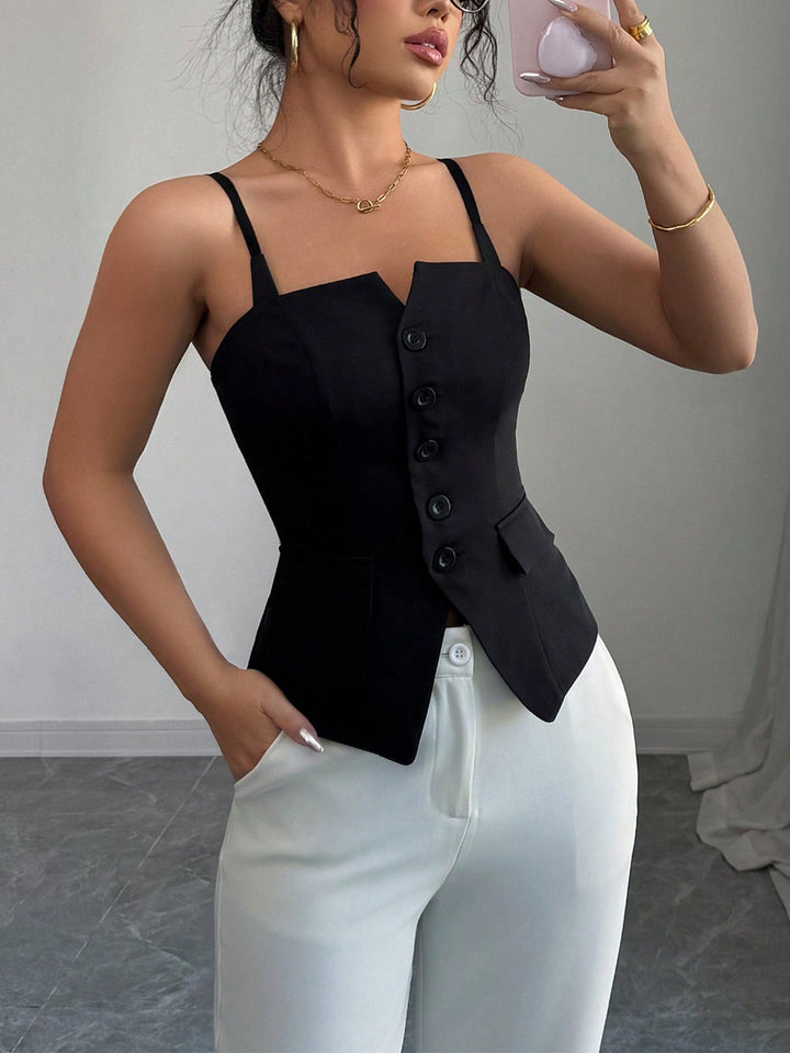 Button-front square-neck cami with asymmetric hem
