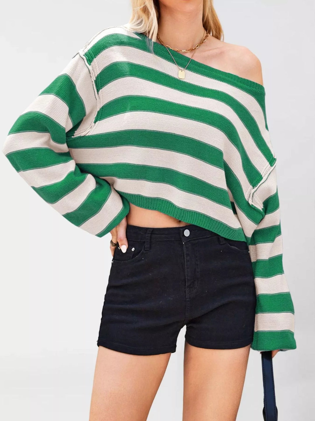 Green Striped oversized boat neck cropped sweater with exposed seams