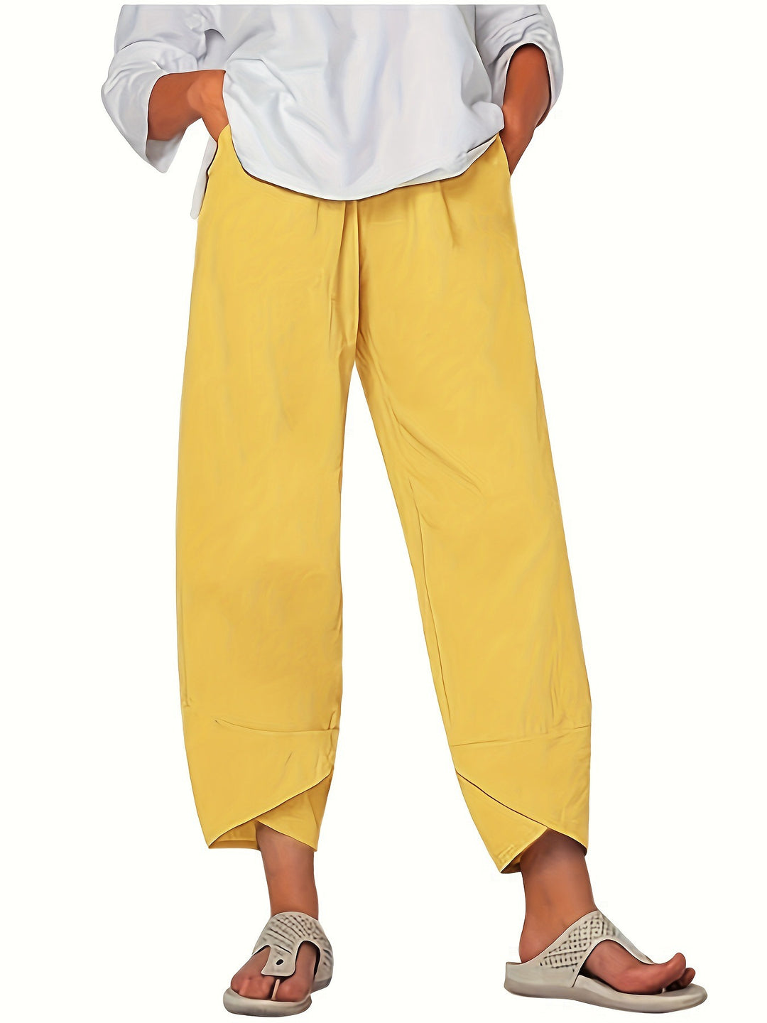 Yellow Elastic-waist wide-leg pants with tulip hem and pockets