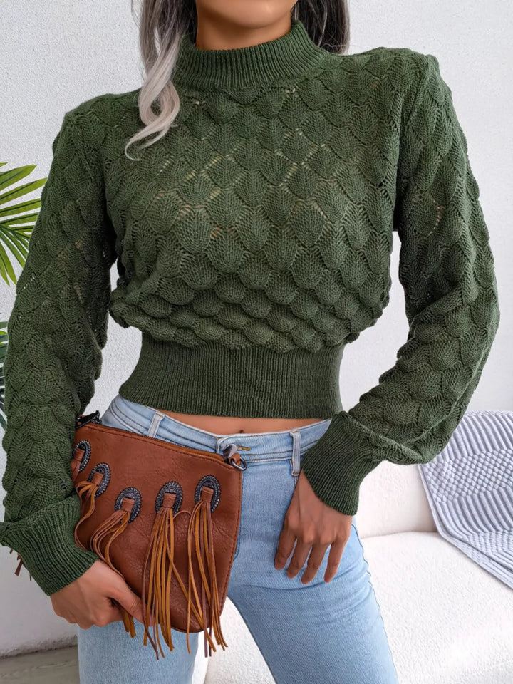 Openwork scallop knit mock neck cropped sweater