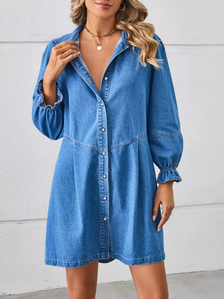 Button-front ruffle cuff mini denim shirt dress