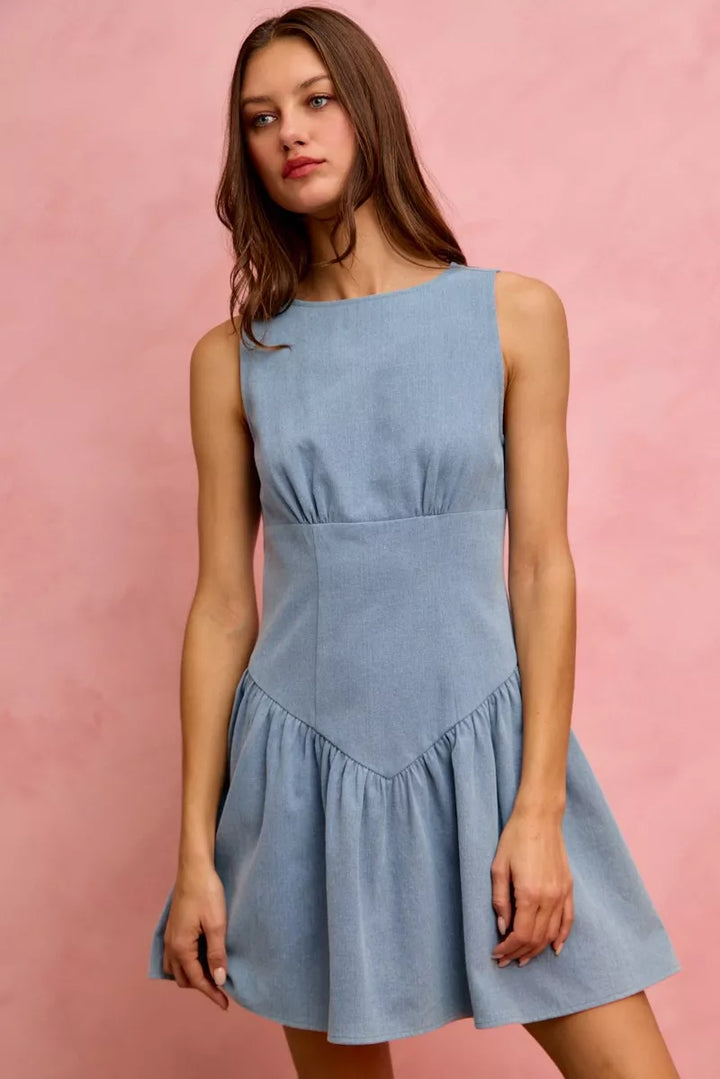 LT DENIM Sleeveless boat neck denim mini dress with flounce hem