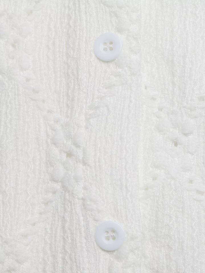 Eyelet ruffle-sleeve button-up crop top with scalloped lace hem