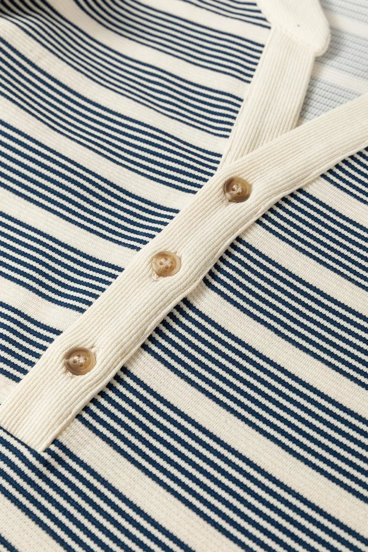 Striped notched neck midi dress with ruffle cap sleeves