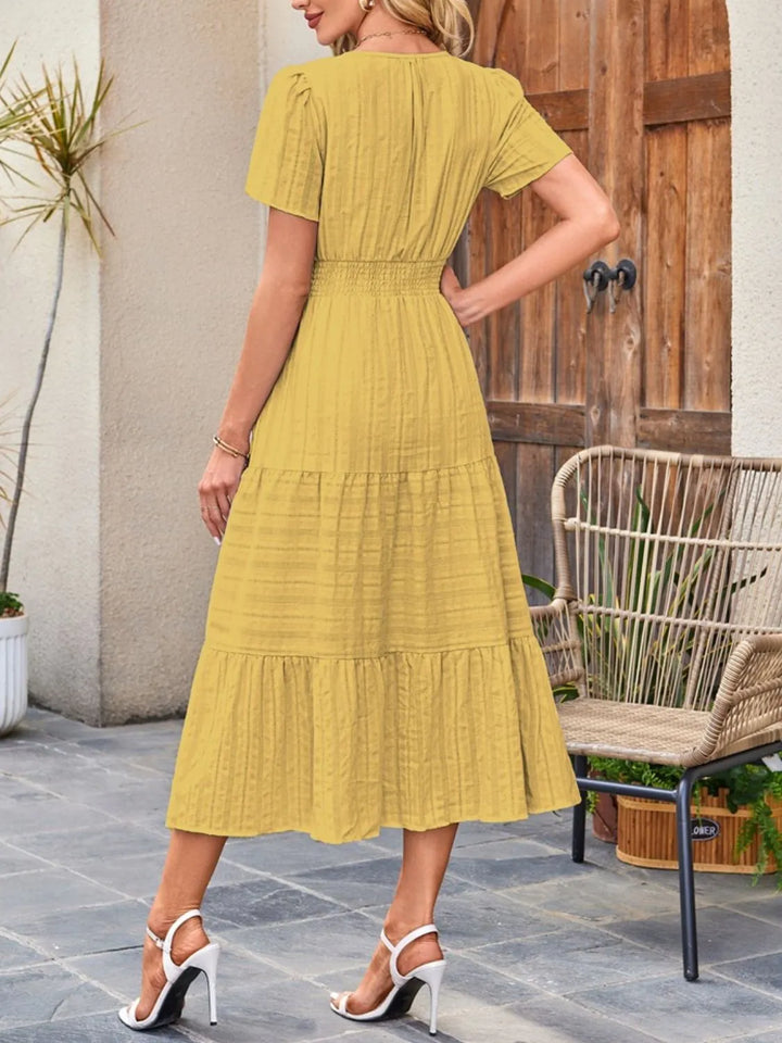 Tiered notched neck short sleeve midi dress with pockets
