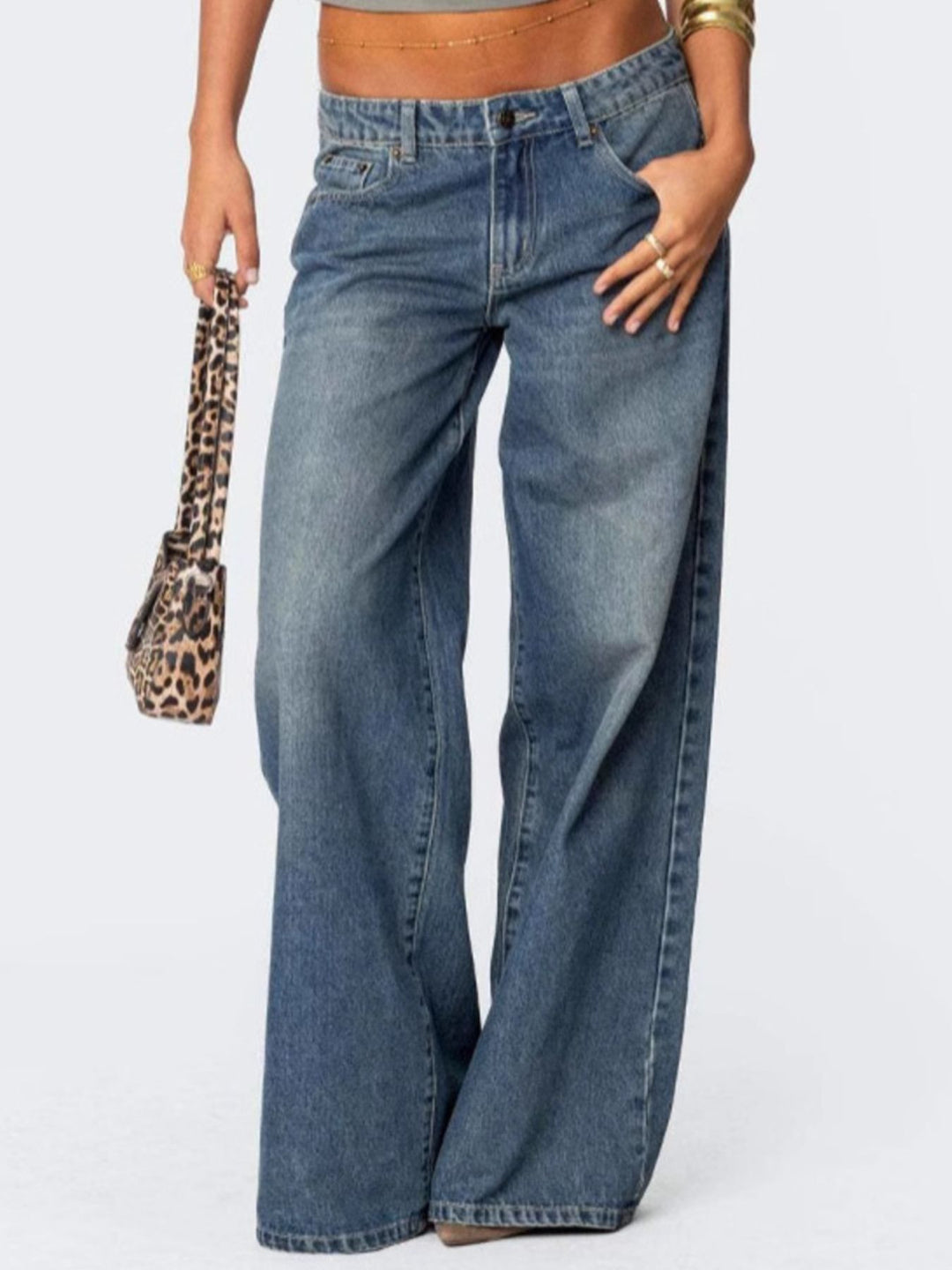 Vintage wash wide-leg jeans with whiskered fading