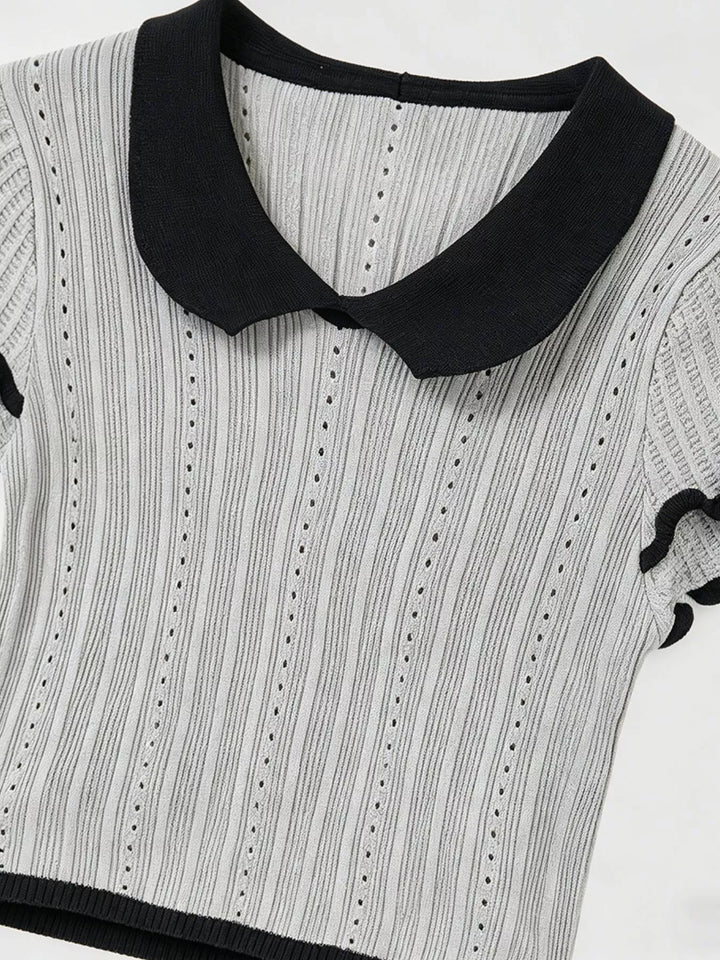 Gray Ribbed knit crop top with Peter Pan collar and ruffle sleeves