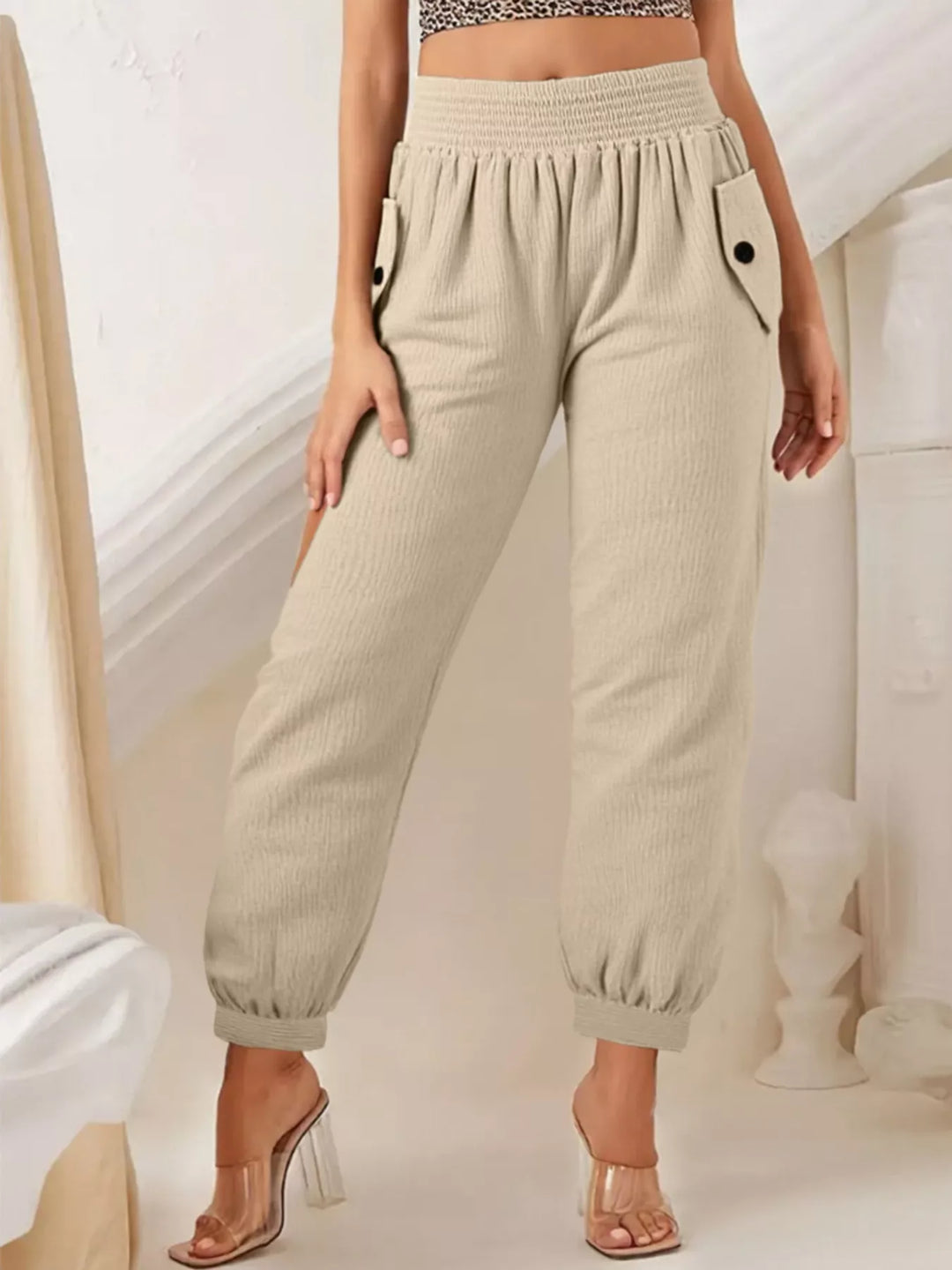 Wide-leg smocked waist casual pants in textured weave